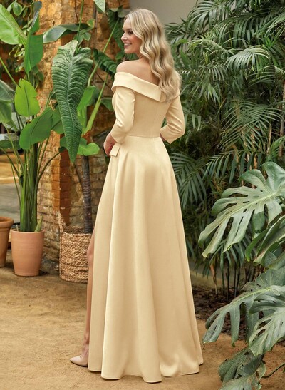 A-Line Off-The-Shoulder 3/4 Sleeves Floor-Length Crepe Satin Mother Of The Bride Dresses With Pockets/High Split