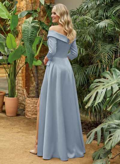 A-Line Off-The-Shoulder 3/4 Sleeves Floor-Length Crepe Satin Mother Of The Bride Dresses With Pockets/High Split