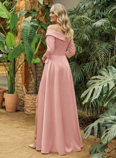 A-Line Off-The-Shoulder 3/4 Sleeves Floor-Length Crepe Satin Mother Of The Bride Dresses With Pockets/High Split