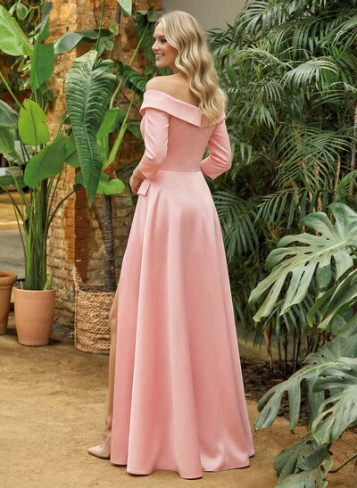 A-Line Off-The-Shoulder 3/4 Sleeves Floor-Length Crepe Satin Mother Of The Bride Dresses With Pockets/High Split
