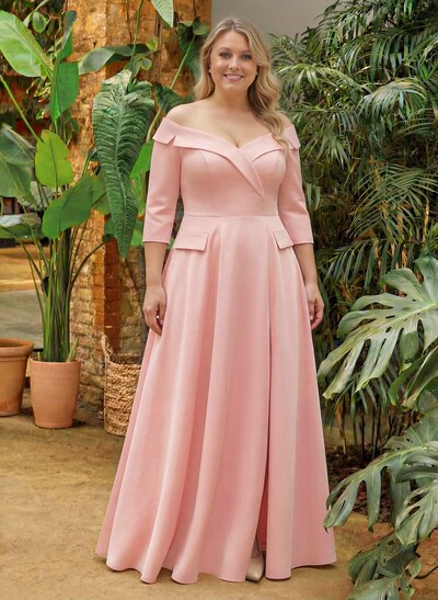 A-Line Off-The-Shoulder 3/4 Sleeves Floor-Length Crepe Satin Mother Of The Bride Dresses With Pockets/High Split