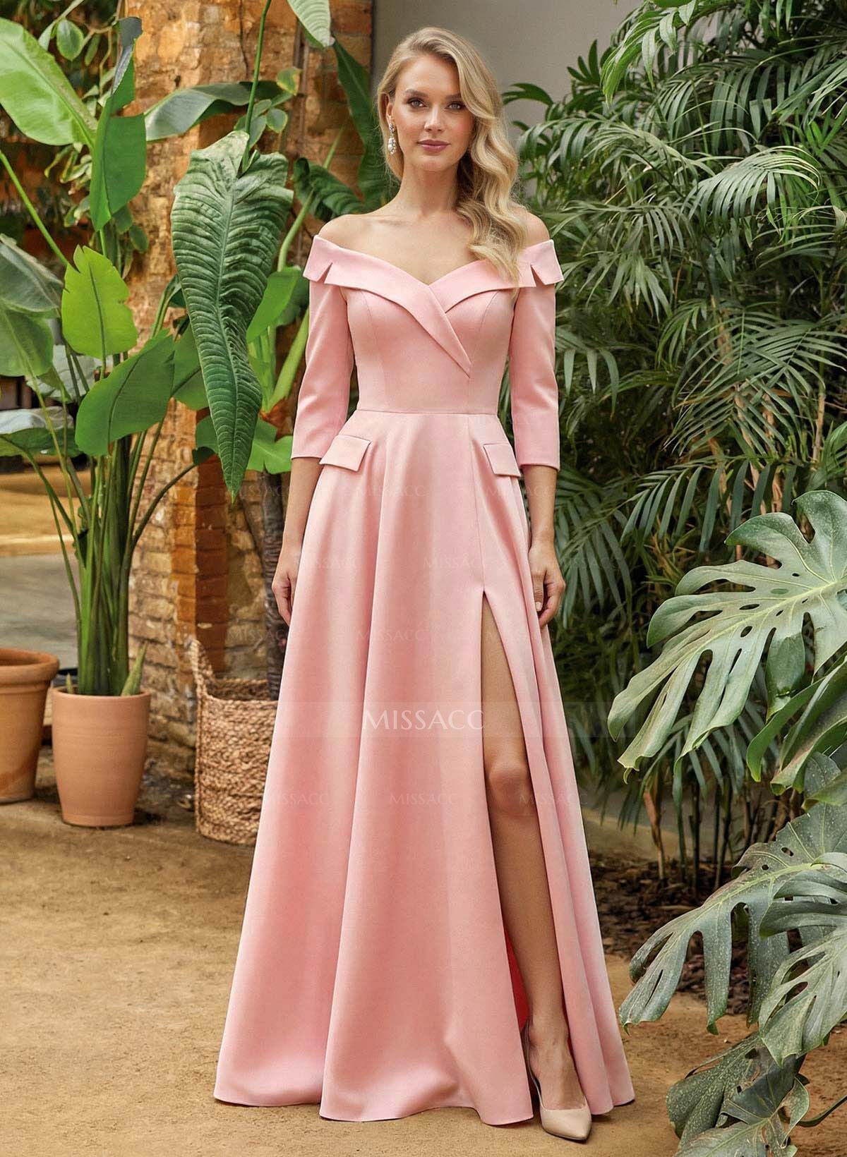 A-Line Off-The-Shoulder 3/4 Sleeves Floor-Length Crepe Satin Mother Of The Bride Dresses With Pockets/High Split
