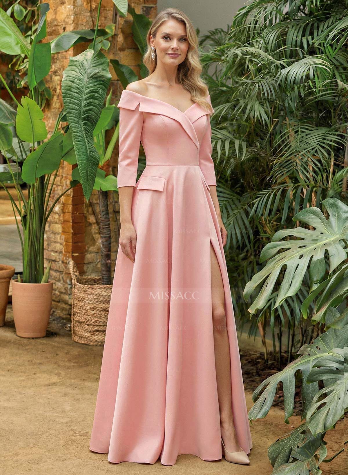 A-Line Off-The-Shoulder 3/4 Sleeves Floor-Length Crepe Satin Mother Of The Bride Dresses With Pockets/High Split