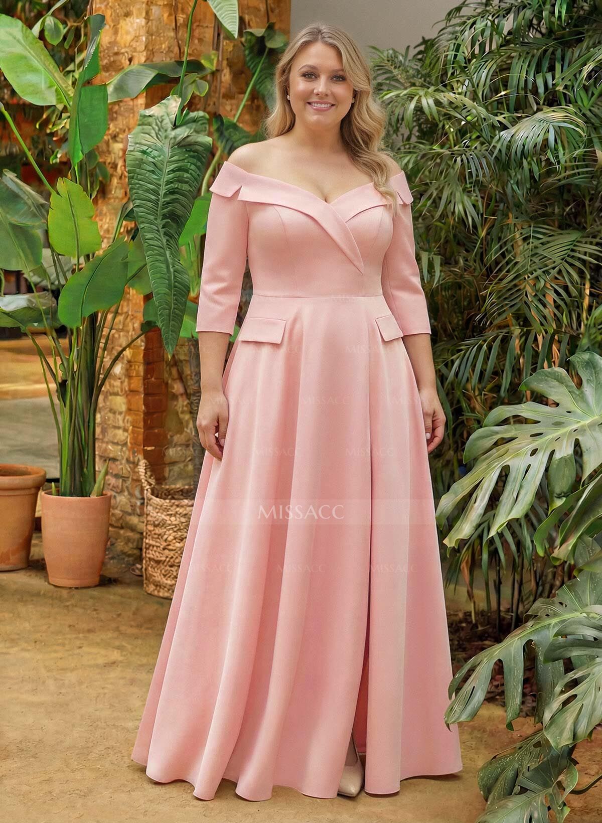 A-Line Off-The-Shoulder 3/4 Sleeves Floor-Length Crepe Satin Mother Of The Bride Dresses With Pockets/High Split