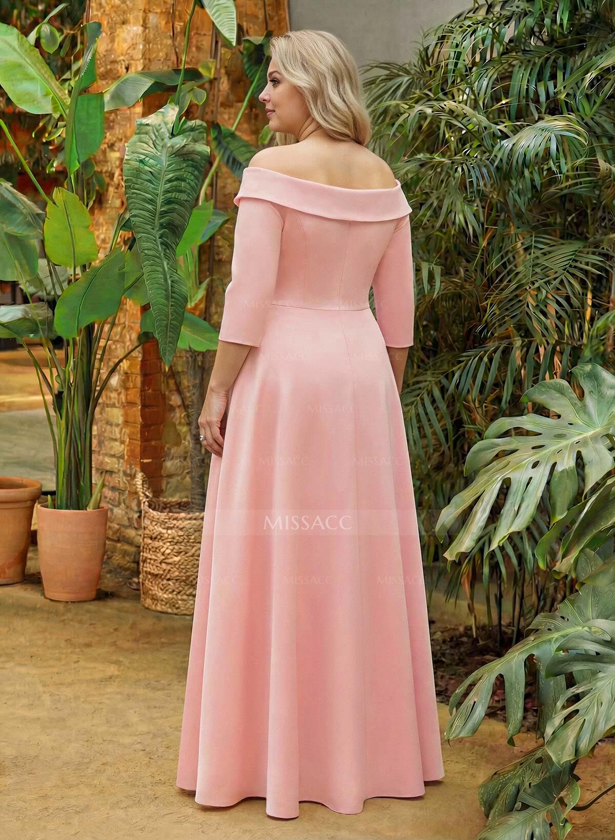 A-Line Off-The-Shoulder 3/4 Sleeves Floor-Length Crepe Satin Mother Of The Bride Dresses With Pockets/High Split