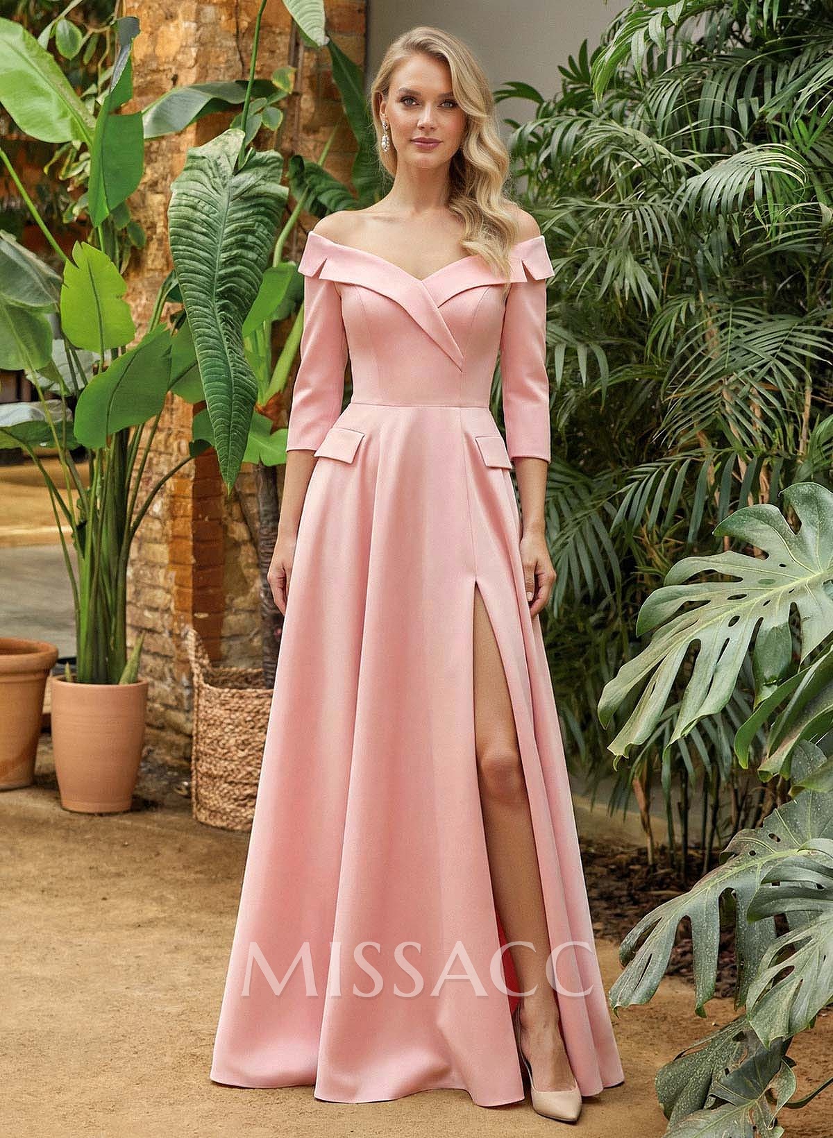 A-Line Off-The-Shoulder 3/4 Sleeves Floor-Length Crepe Satin Mother Of The Bride Dresses With Pockets/High Split