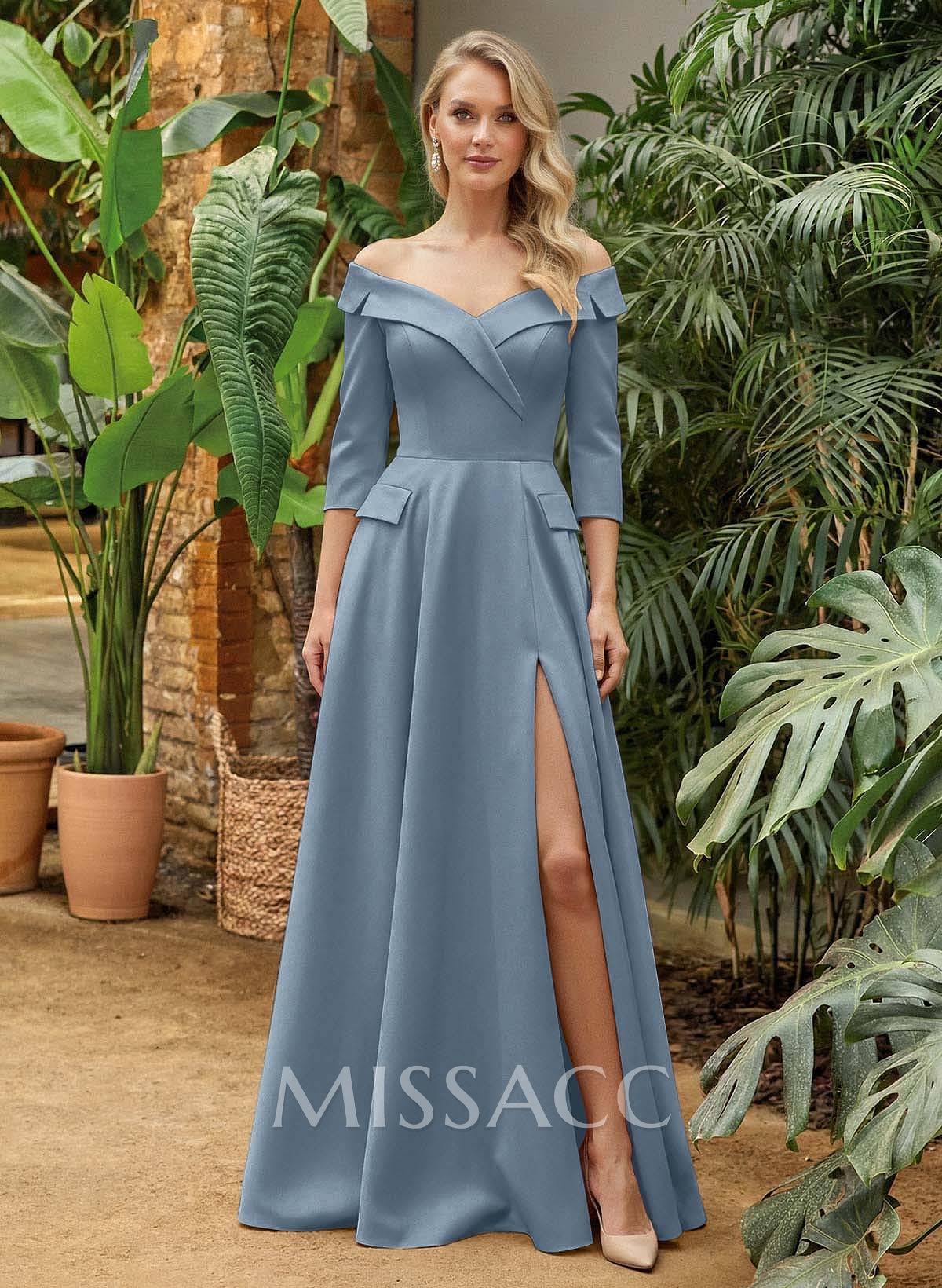 A-Line Off-The-Shoulder 3/4 Sleeves Floor-Length Crepe Satin Mother Of The Bride Dresses With Pockets/High Split