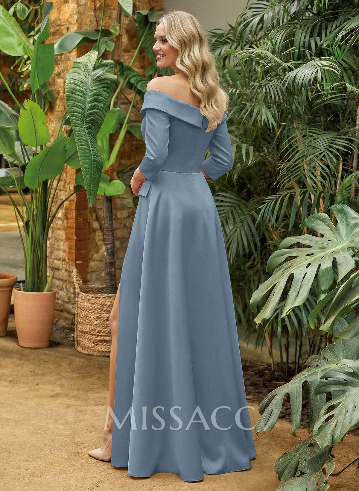 A-Line Off-The-Shoulder 3/4 Sleeves Floor-Length Crepe Satin Mother Of The Bride Dresses With Pockets/High Split