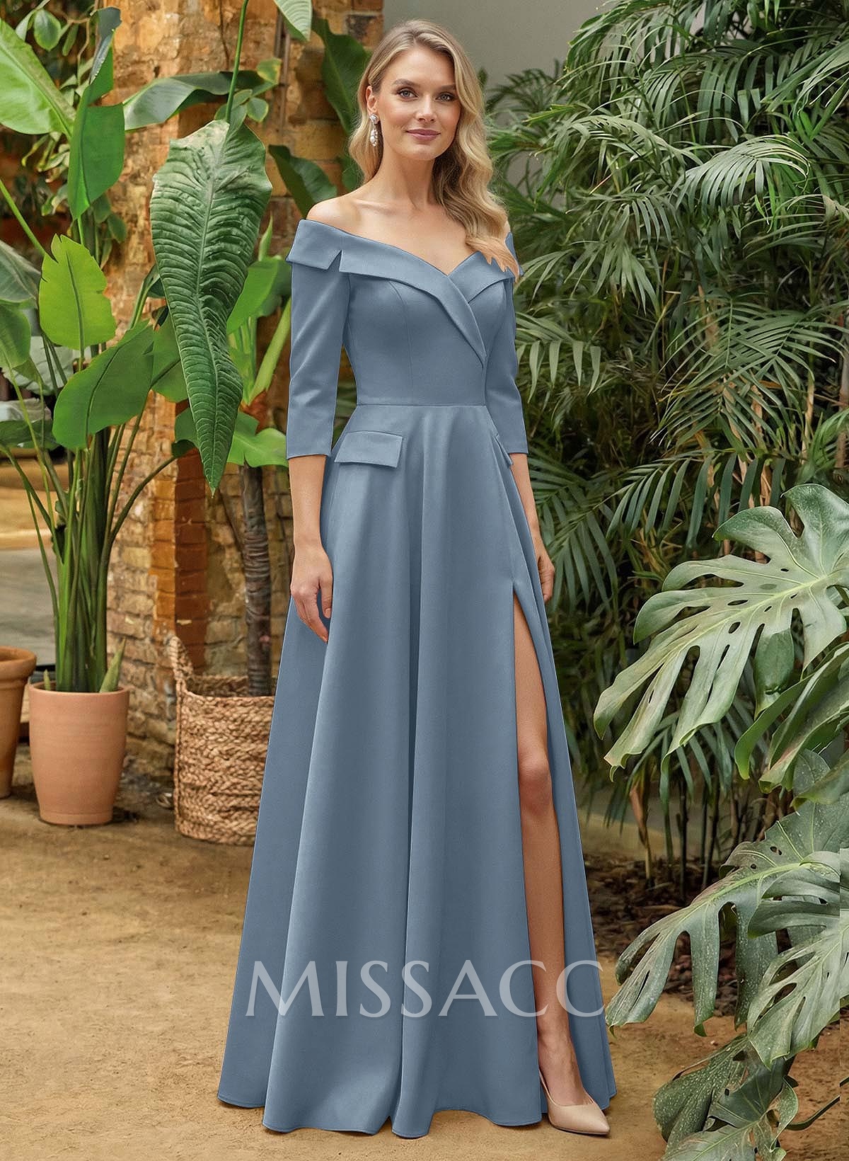 A-Line Off-The-Shoulder 3/4 Sleeves Floor-Length Crepe Satin Mother Of The Bride Dresses With Pockets/High Split