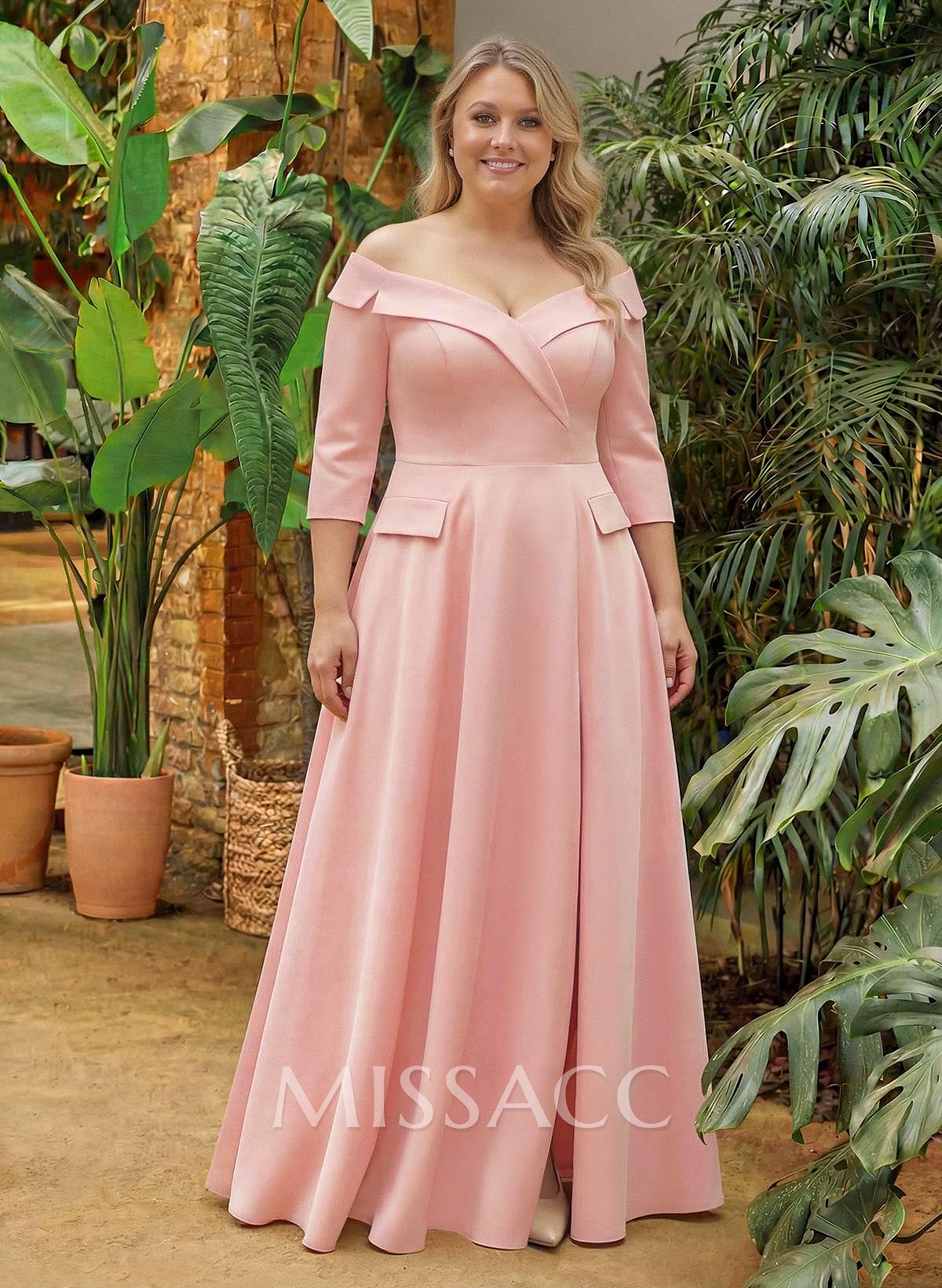 A-Line Off-The-Shoulder 3/4 Sleeves Floor-Length Crepe Satin Mother Of The Bride Dresses With Pockets/High Split