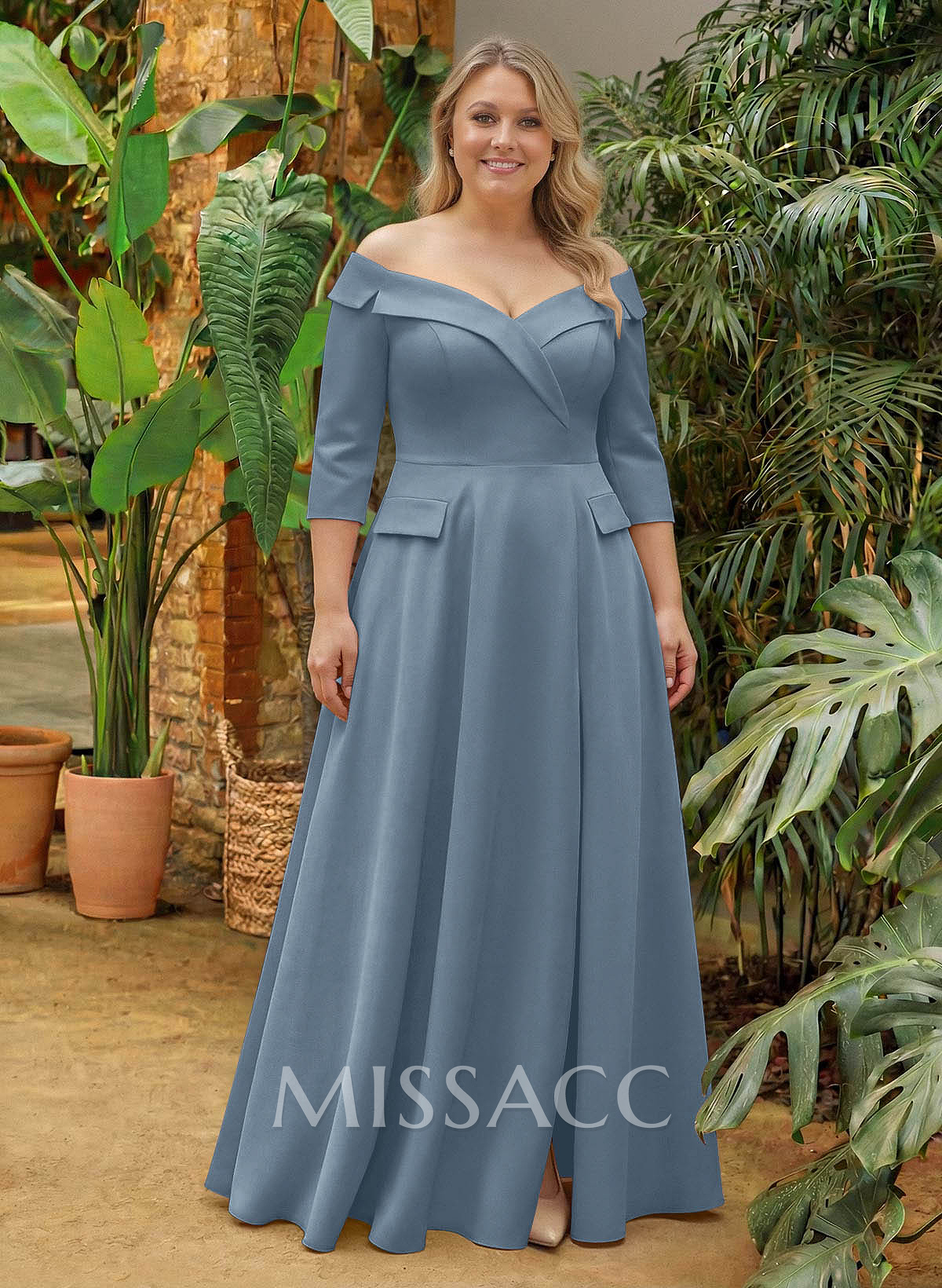A-Line Off-The-Shoulder 3/4 Sleeves Floor-Length Crepe Satin Mother Of The Bride Dresses With Pockets/High Split