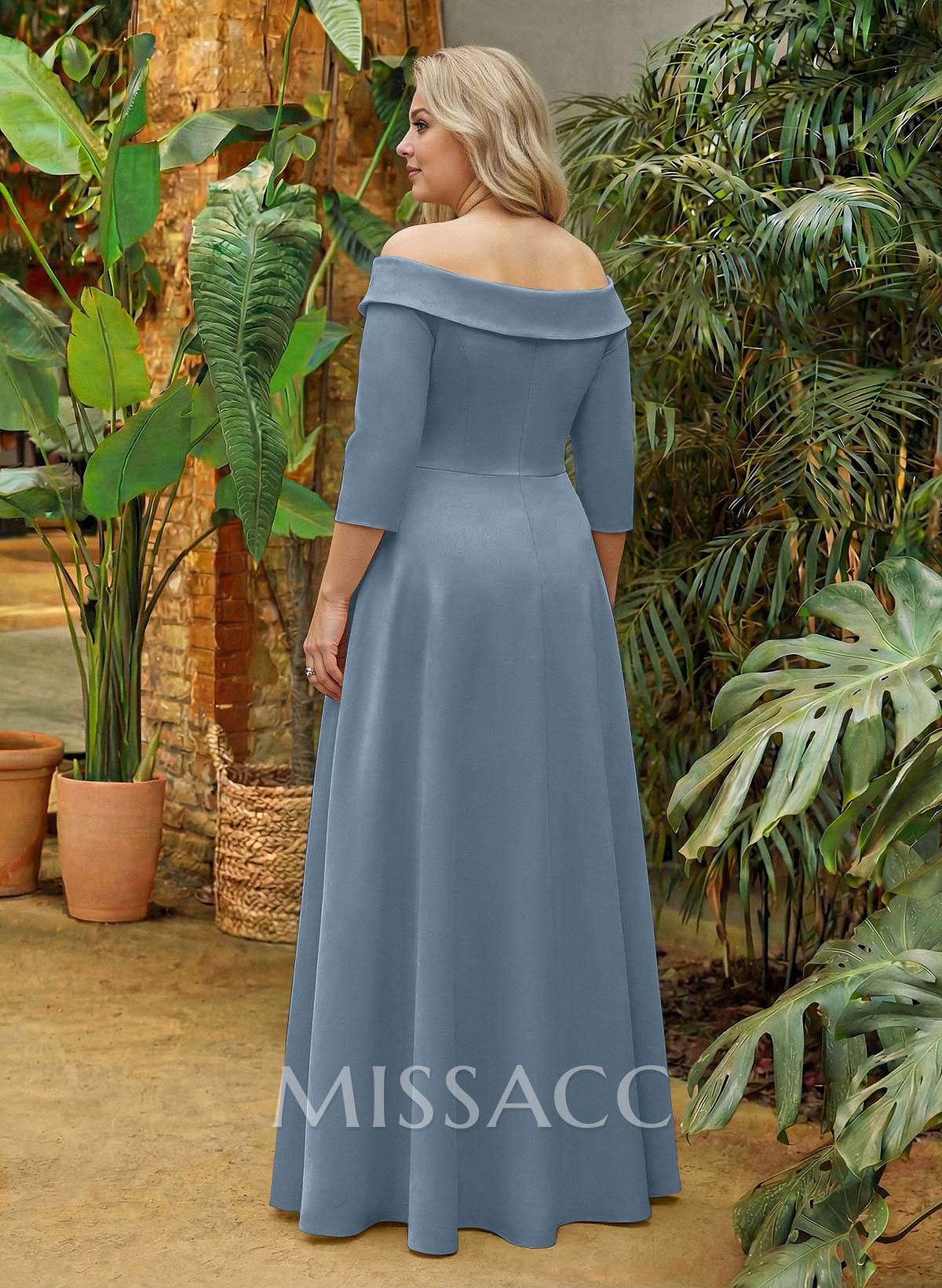 A-Line Off-The-Shoulder 3/4 Sleeves Floor-Length Crepe Satin Mother Of The Bride Dresses With Pockets/High Split