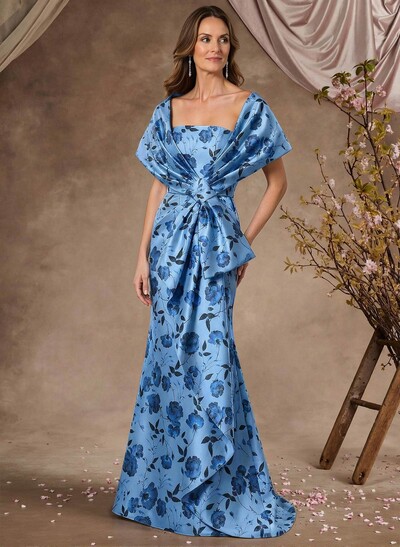 Sheath/Column Square Neckline Sleeveless Sweep Train Satin Mother Of The Bride Dresses With Bow(s)