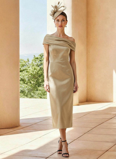 Sheath Column Off-The-Shoulder Sleeveless Tea-Length Satin Mother Of The Bride Dresses With Back Slit
