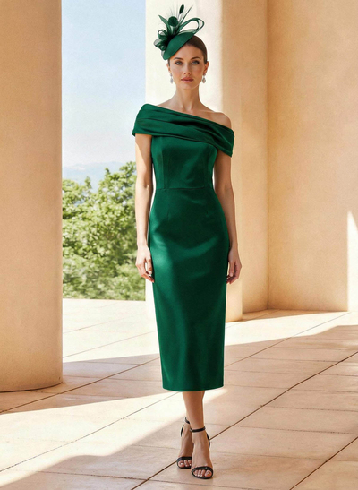 Sheath Column Off-The-Shoulder Sleeveless Tea-Length Satin Mother Of The Bride Dresses With Back Slit