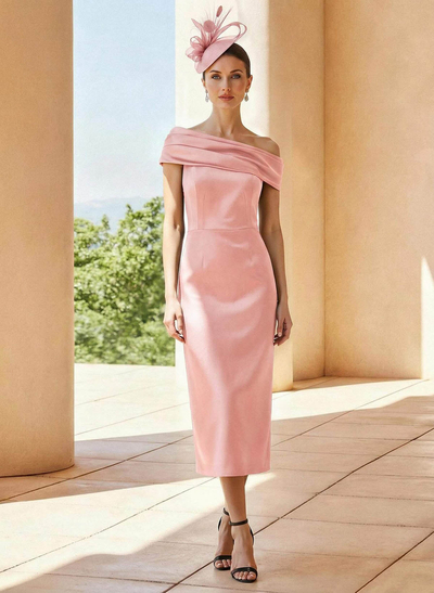Sheath Column Off-The-Shoulder Sleeveless Tea-Length Satin Mother Of The Bride Dresses With Back Slit