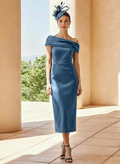 Sheath Column Off-The-Shoulder Sleeveless Tea-Length Satin Mother Of The Bride Dresses With Back Slit