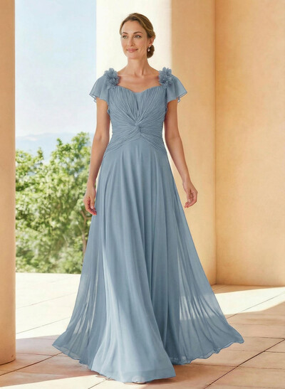 A-Line V-Neck Short Sleeves Floor-Length Chiffon Mother Of The Bride Dresses With Pleated Flower(s)