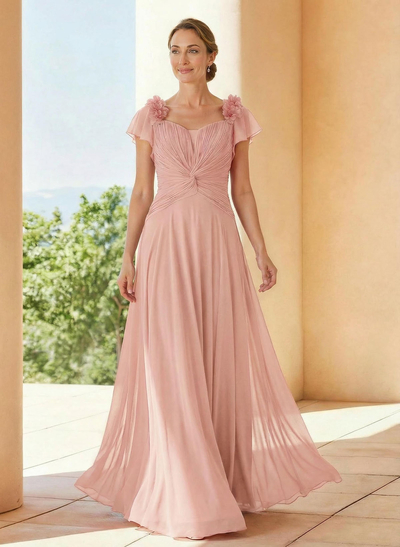 A-Line V-Neck Short Sleeves Floor-Length Chiffon Mother Of The Bride Dresses With Pleated Flower(s)