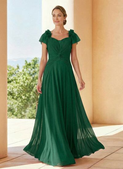 A-Line V-Neck Short Sleeves Floor-Length Chiffon Mother Of The Bride Dresses With Pleated Flower(s)