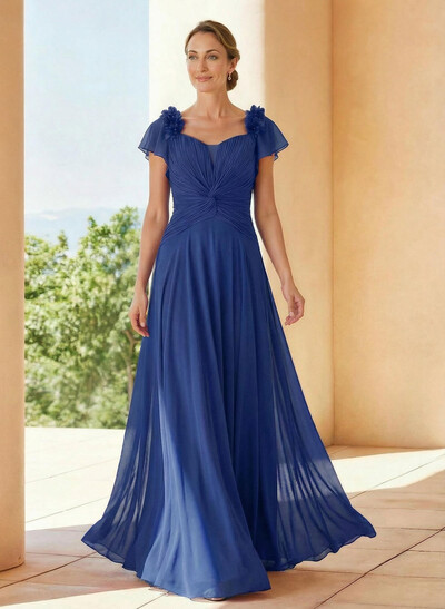 A-Line V-Neck Short Sleeves Floor-Length Chiffon Mother Of The Bride Dresses With Pleated Flower(s)