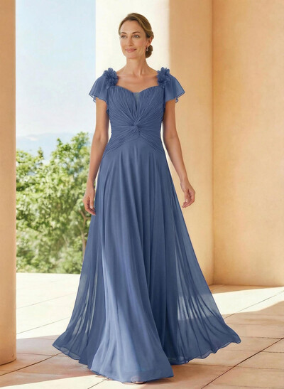 A-Line V-Neck Short Sleeves Floor-Length Chiffon Mother Of The Bride Dresses With Pleated Flower(s)