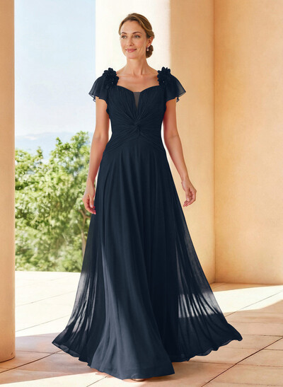 A-Line V-Neck Short Sleeves Floor-Length Chiffon Mother Of The Bride Dresses With Pleated Flower(s)