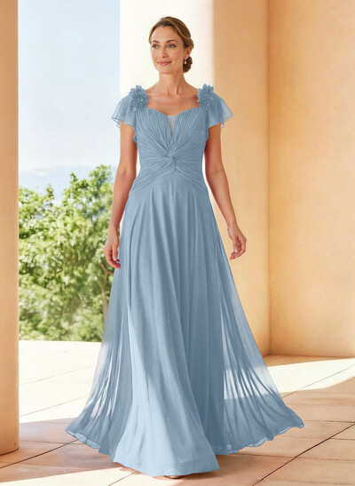 A-Line V-Neck Short Sleeves Floor-Length Chiffon Mother Of The Bride Dresses With Pleated Flower(s)