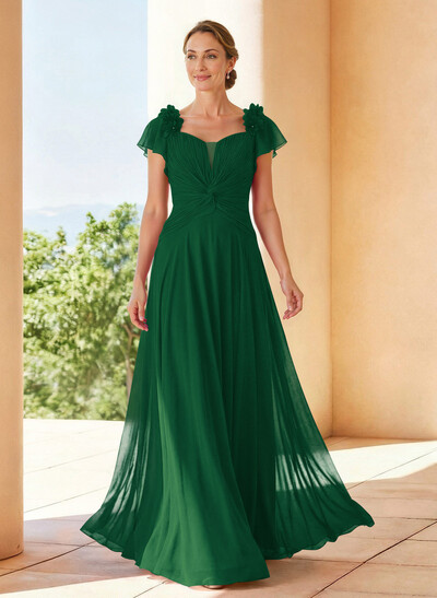 A-Line V-Neck Short Sleeves Floor-Length Chiffon Mother Of The Bride Dresses With Pleated Flower(s)