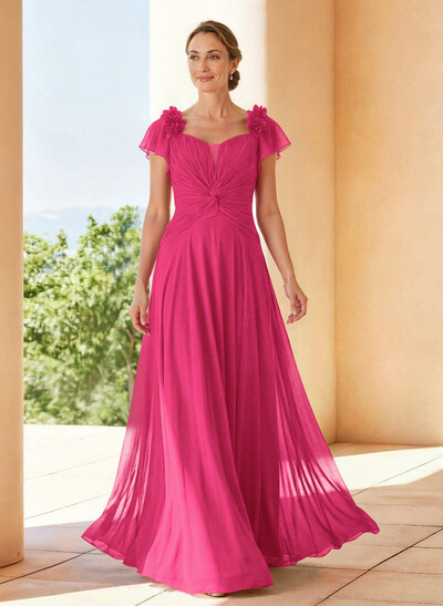A-Line V-Neck Short Sleeves Floor-Length Chiffon Mother Of The Bride Dresses With Pleated Flower(s)