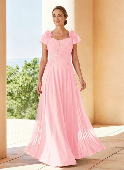 A-Line V-Neck Short Sleeves Floor-Length Chiffon Mother Of The Bride Dresses With Pleated Flower(s)