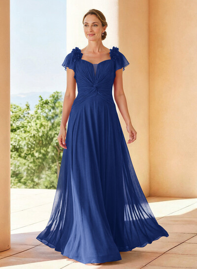 A-Line V-Neck Short Sleeves Floor-Length Chiffon Mother Of The Bride Dresses With Pleated Flower(s)