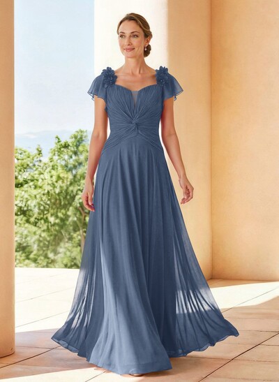 A-Line V-Neck Short Sleeves Floor-Length Chiffon Mother Of The Bride Dresses With Pleated Flower(s)