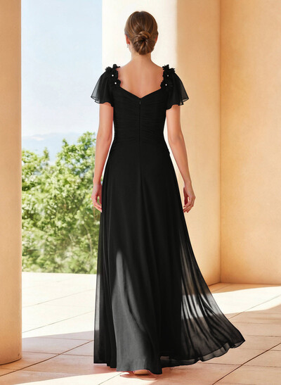 A-Line V-Neck Short Sleeves Floor-Length Chiffon Mother Of The Bride Dresses With Pleated Flower(s)