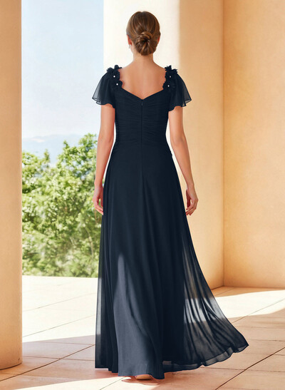 A-Line V-Neck Short Sleeves Floor-Length Chiffon Mother Of The Bride Dresses With Pleated Flower(s)