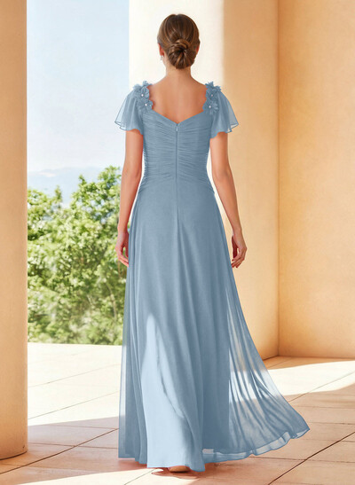 A-Line V-Neck Short Sleeves Floor-Length Chiffon Mother Of The Bride Dresses With Pleated Flower(s)
