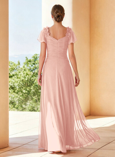A-Line V-Neck Short Sleeves Floor-Length Chiffon Mother Of The Bride Dresses With Pleated Flower(s)