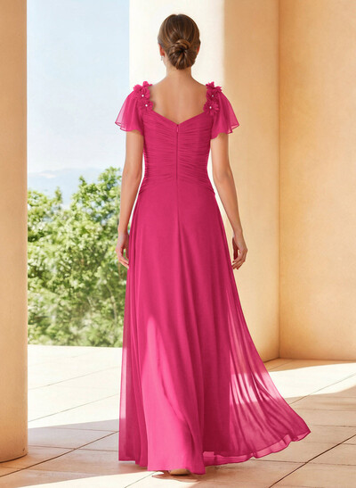 A-Line V-Neck Short Sleeves Floor-Length Chiffon Mother Of The Bride Dresses With Pleated Flower(s)