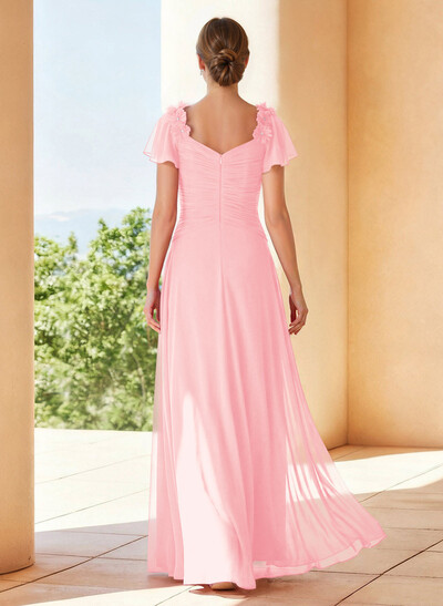 A-Line V-Neck Short Sleeves Floor-Length Chiffon Mother Of The Bride Dresses With Pleated Flower(s)