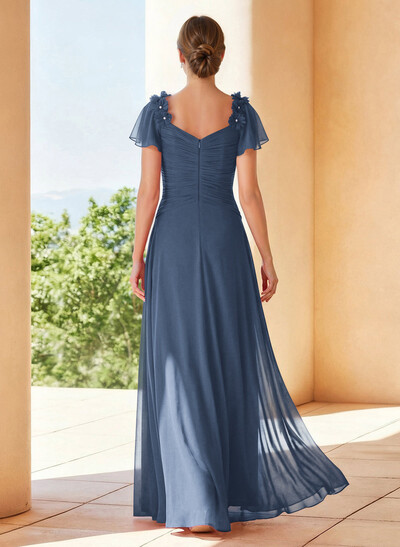 A-Line V-Neck Short Sleeves Floor-Length Chiffon Mother Of The Bride Dresses With Pleated Flower(s)