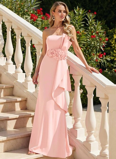 Sheath Column Off-The-Shoulder Sleeveless Floor-Length Elastic Satin Mother Of The Bride Dresses With Flower Sweeping Side Drape