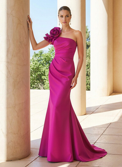 Trumpet/Mermaid One-Shoulder Sleeveless Sweep Train Satin Mother Of The Bride Dresses With Flower(s)