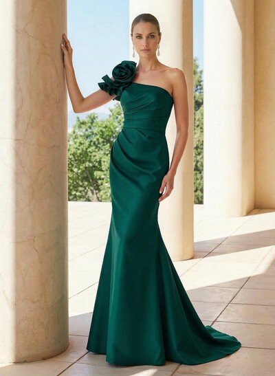 Trumpet/Mermaid One-Shoulder Sleeveless Sweep Train Satin Mother Of The Bride Dresses With Flower(s)