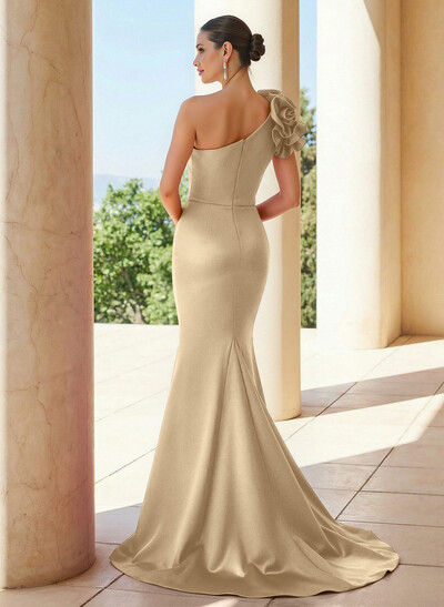 Trumpet/Mermaid One-Shoulder Sleeveless Sweep Train Satin Mother Of The Bride Dresses With Flower(s)