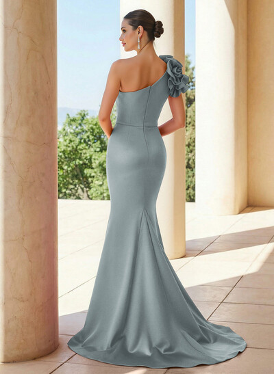 Trumpet/Mermaid One-Shoulder Sleeveless Sweep Train Satin Mother Of The Bride Dresses With Flower(s)