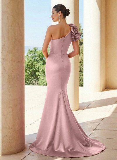 Trumpet/Mermaid One-Shoulder Sleeveless Sweep Train Satin Mother Of The Bride Dresses With Flower(s)