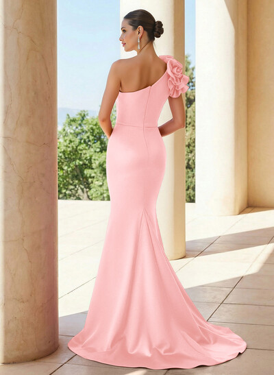 Trumpet/Mermaid One-Shoulder Sleeveless Sweep Train Satin Mother Of The Bride Dresses With Flower(s)