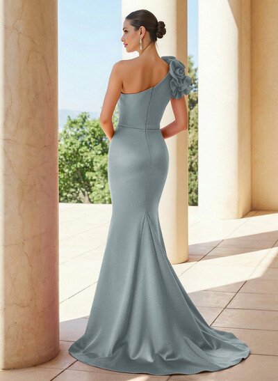 Trumpet/Mermaid One-Shoulder Sleeveless Sweep Train Satin Mother Of The Bride Dresses With Flower(s)
