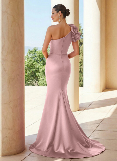 Trumpet/Mermaid One-Shoulder Sleeveless Sweep Train Satin Mother Of The Bride Dresses With Flower(s)