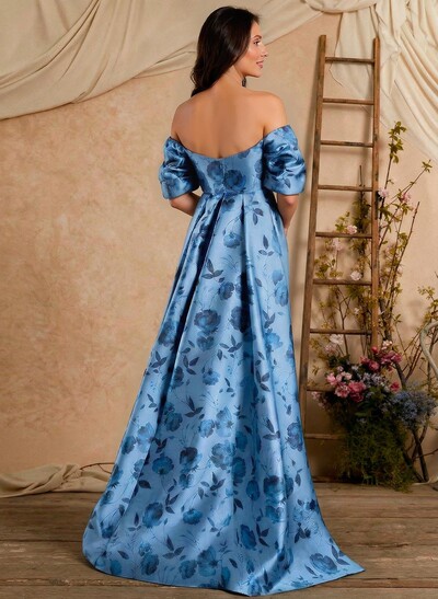 A-Line Off-The-Shoulder Sweep Train Twill Satin Mother Of The Bride Dresses With Flower(s) Overskirt Dress